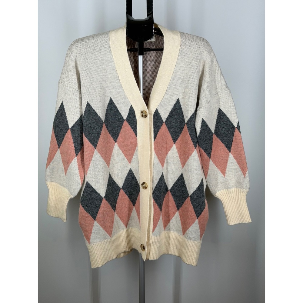 Haptics by Holly Harper Womens Argyle Cardigan Sweater Cream Pink Grey Medium